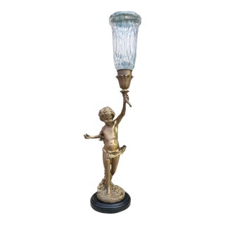 Late 20th Century Large Cherub Putti Bronze Candlestick by Decorative Crafts Inc Hand Crafted Imports For Sale