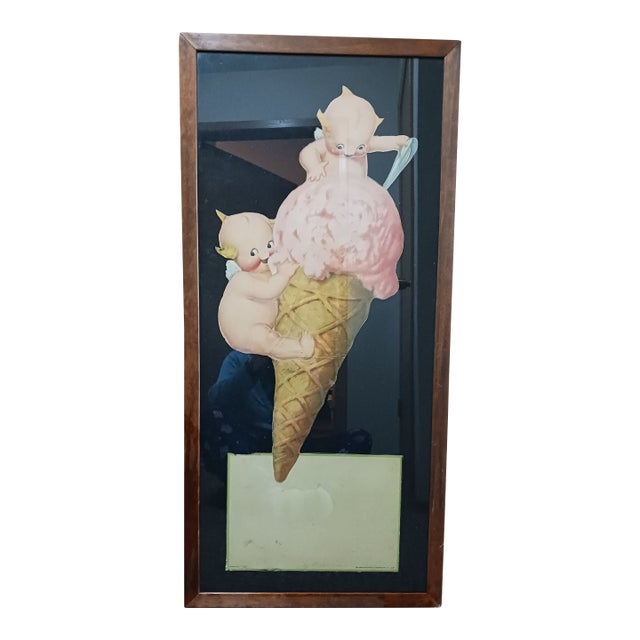 Antique Large Ice Cream Cone Diecut Framed Kewpies Advertising c.1920 For Sale