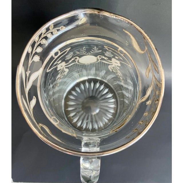 Metal Art Deco Sterling Silver Inlay Etched Glass Pitcher For Sale - Image 7 of 12