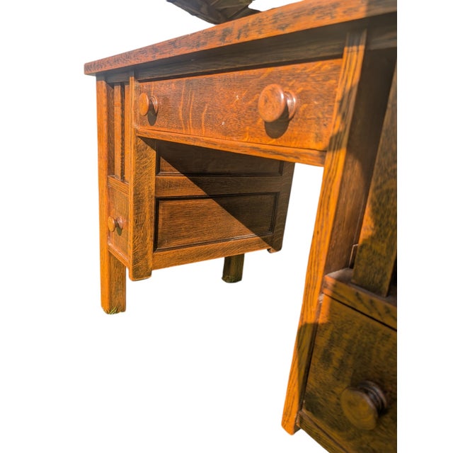 Early 20th Century Antique Mission Style Quartersawn Oak Desk | Arts & Crafts Era Kneehole Library Writing Table For Sale - Image 5 of 17