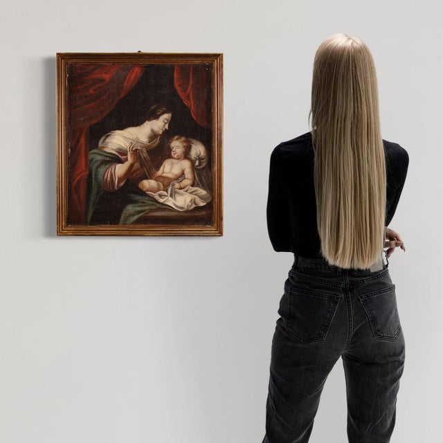 Antique French painting from the mid-18th century. Oil on canvas artwork depicting a Madonna with child of good pictorial...