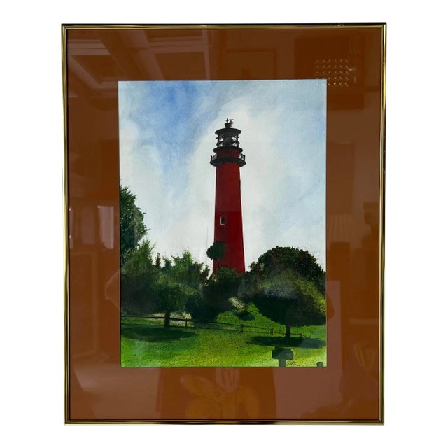Vintage Lighthouse Landscape Watercolor Painting, Signed For Sale