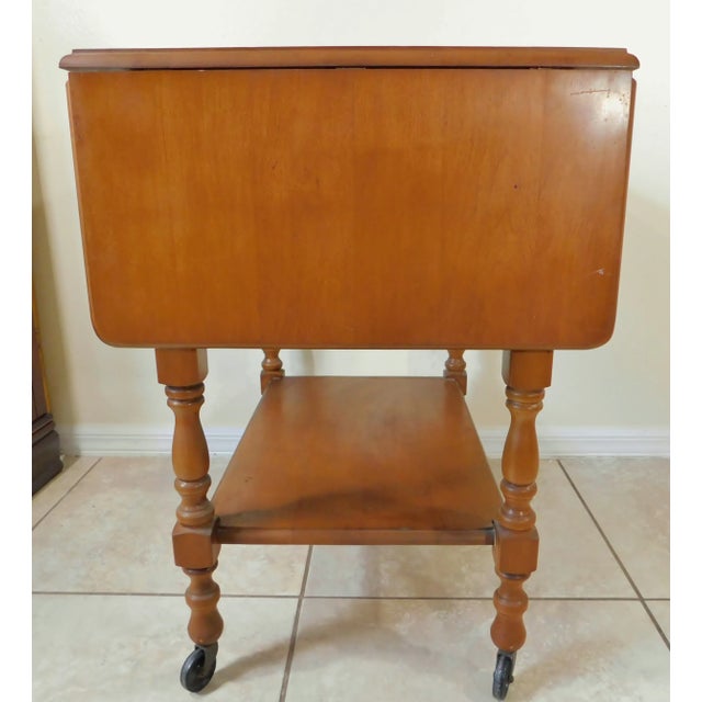 Vintage Midcentury Solid Oak Wood Drop Leaf Rolling Table Server Cart W/ Drawer For Sale - Image 10 of 13