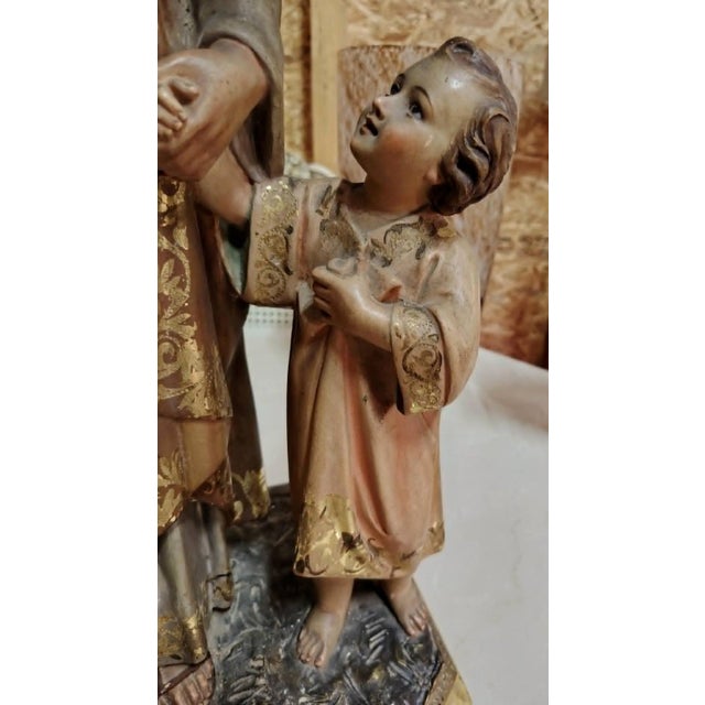 Large Religious Statue of Saint Joseph and the Baby Jesus in Polychrome Terracotta and Gilded Wood For Sale - Image 5 of 11