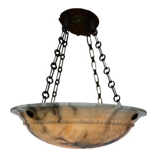 From Former Home of Waldo Fernandez- Alabaster Carved Beaded Detail Pendant Light With Bronze Fittings 1930s For Sale
