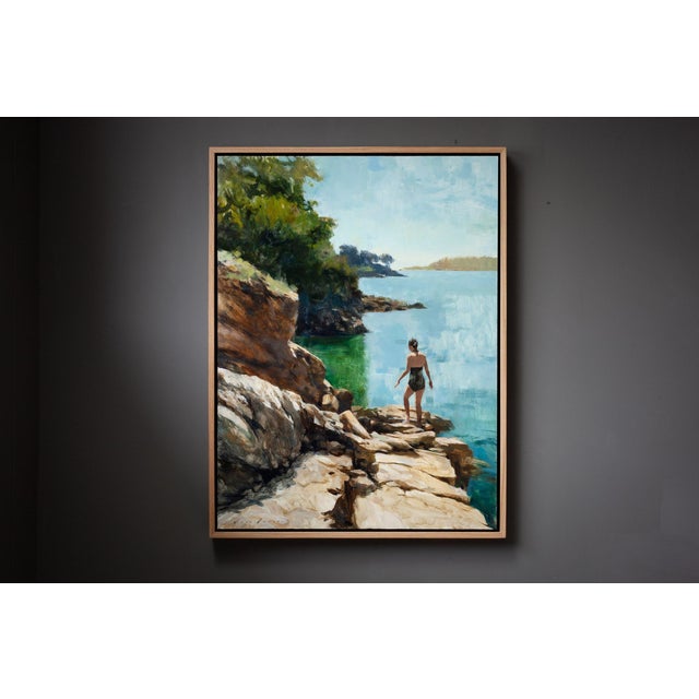 Wood Contemporary Into the Reflections by Jon Doran | Oil on Panel Swimmer on Sunlit Rocks by the Sea For Sale - Image 7 of 9
