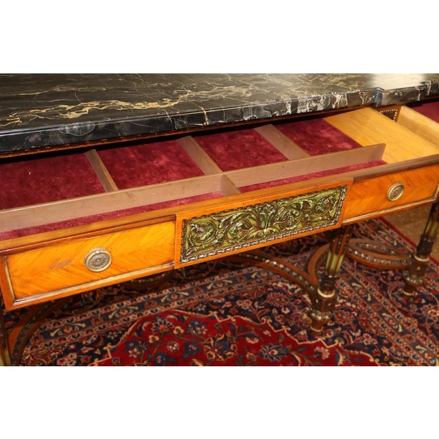 Brown 1920s French Louis XVI Style Marble Top Inlaid Satinwood & Walnut Buffet Sideboard For Sale - Image 8 of 18