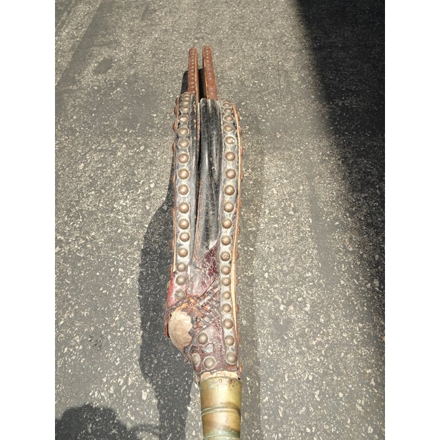 Antique French Country Brown Leather Bellow With Long Handle Wall Decor For Sale - Image 11 of 12