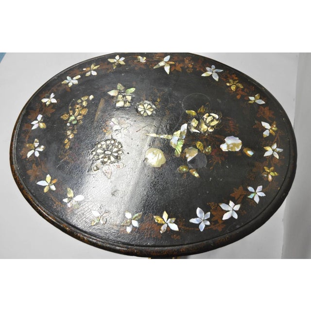 Antique English Victorian Mother of Pearl Inlay Black Lacquer Tilt Top Table For Sale - Image 16 of 18