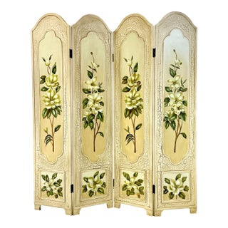 1980s Vintage Boho Chic Hollywood Regency Coastal Hand Painted Magnolia Room Divider Screen For Sale