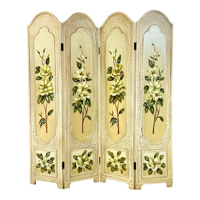 1980s Vintage Boho Chic Hollywood Regency Coastal Hand Painted Magnolia Room Divider Screen For Sale
