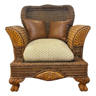 Late 20th Century Carved British Colonial Wicker Club Chair by Acacia Furniture & Two Leather Pillows For Sale