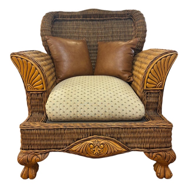 Late 20th Century Carved British Colonial Wicker Club Chair by Acacia Furniture & Two Leather Pillows For Sale