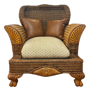 Late 20th Century Carved British Colonial Wicker Club Chair by Acacia Furniture & Two Leather Pillows