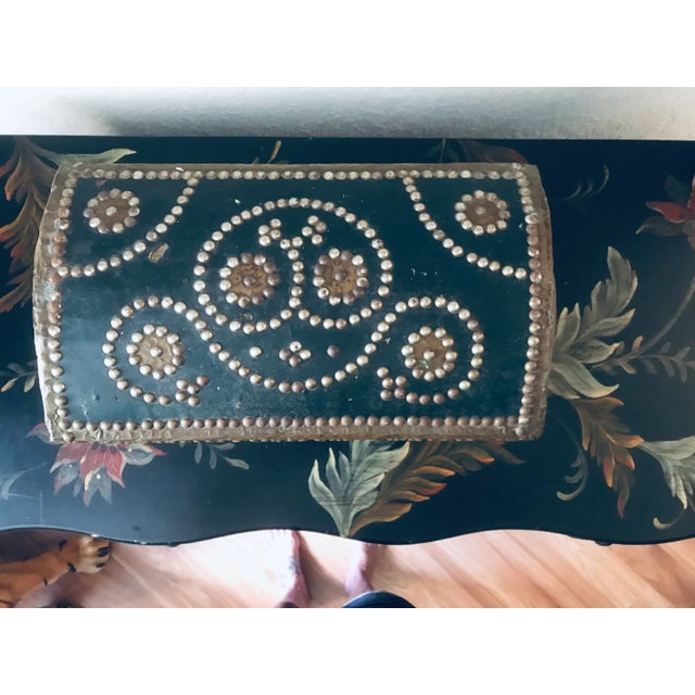 Antique French Leather Wrappedd Studded Dome Top Lined Box For Sale - Image 4 of 8