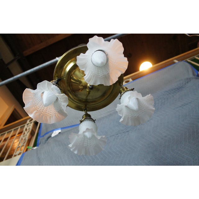 Antique Victorian Brass Ruffled Glass 4 Light Parlor Pendant Light Chandelier For Sale - Image 11 of 13
