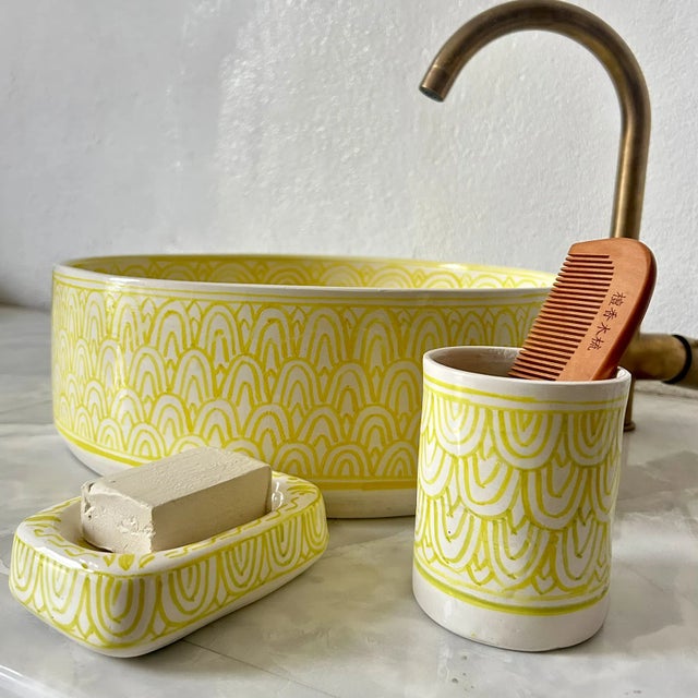 Yellow Moroccan Ceramic Yellow Sink for Bathroom, Vessel Sink with Brass Drain - 3 Piece Set For Sale - Image 8 of 8