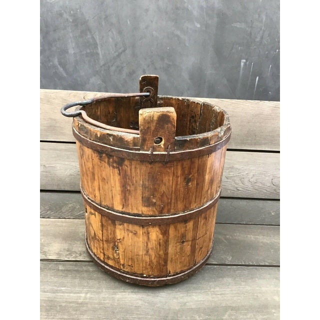 Antique Rustic Wooden Well Water Bucket Cast Iron Handle Chairish