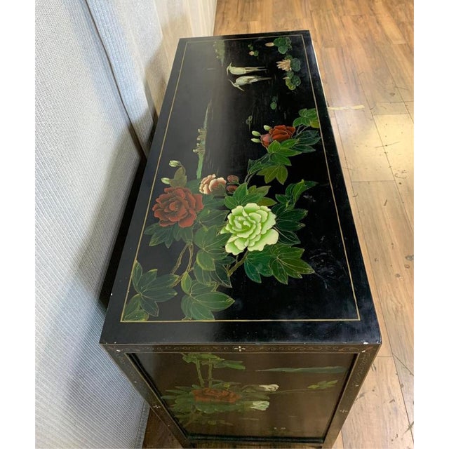 Vintage Chinese Asian Black Lacquer Cabinet Side Entry Table W Stone Onlay For Sale - Image 9 of 9