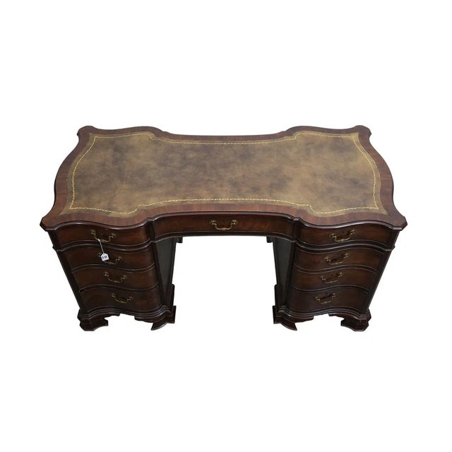1950s Serpentine Front Baker Mahogany Leather Top Pedestal Writing Desk For Sale - Image 4 of 9