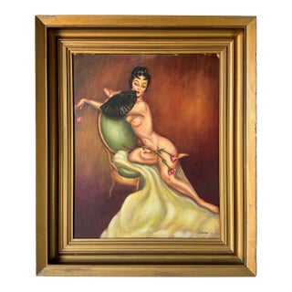 1950s Mid-Century Sylvia Nude Woman With Lace Fan Oil Painting, Framed For Sale