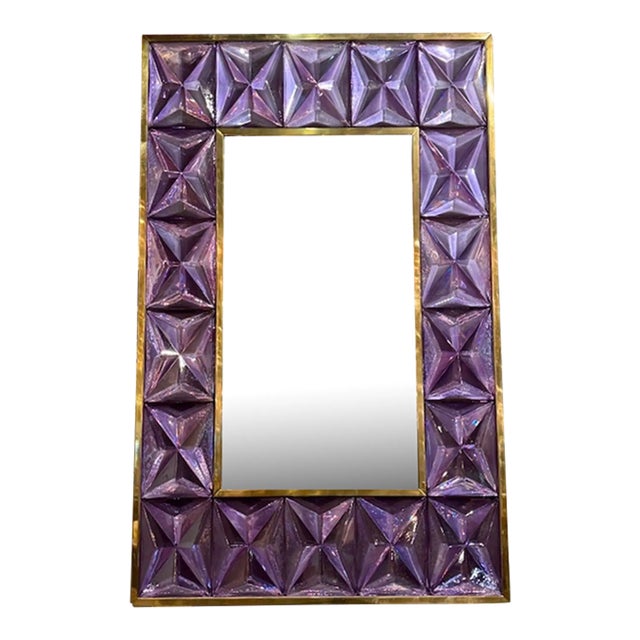 Modern Lavender Murano Glass and Brass Mirror For Sale