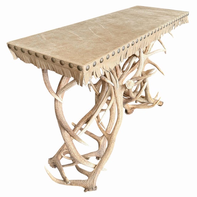 Elk Antler Console Table With Leather Top For Sale In Chicago - Image 6 of 17