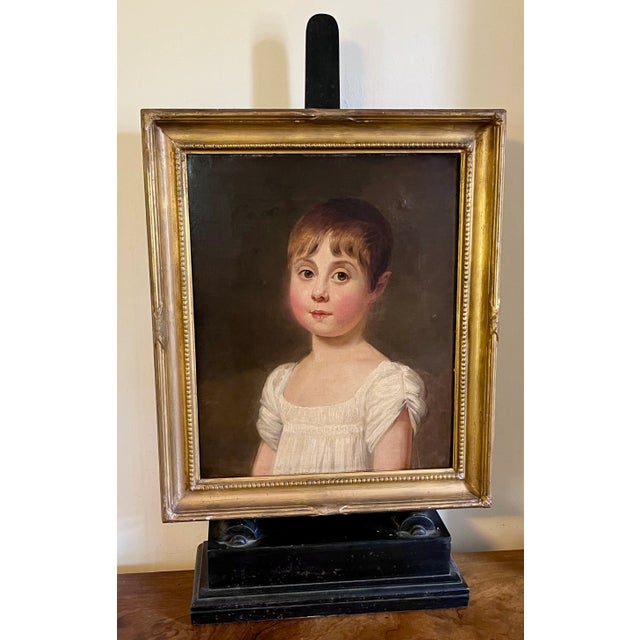 Antique Early 19th Century American Oil Painting on Canvas Portrait of a Young Girl in Original Giltwood Frame For Sale In New York - Image 6 of 8