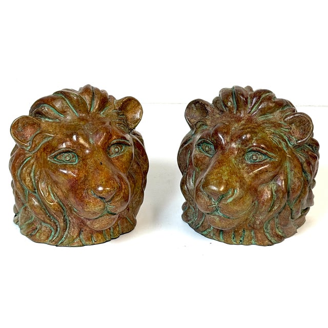 Pair of Regal Bronze Lion Head Bookends with Verdigris Patinated Highlights For Sale - Image 4 of 11