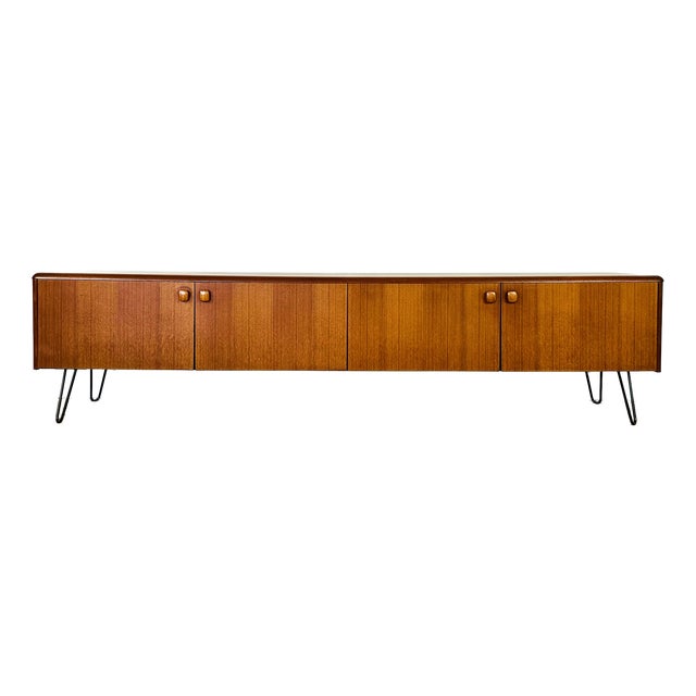 Low Scandinavian Teak Sideboard with 4 Doors and Hairpin Legs, 1960 For Sale