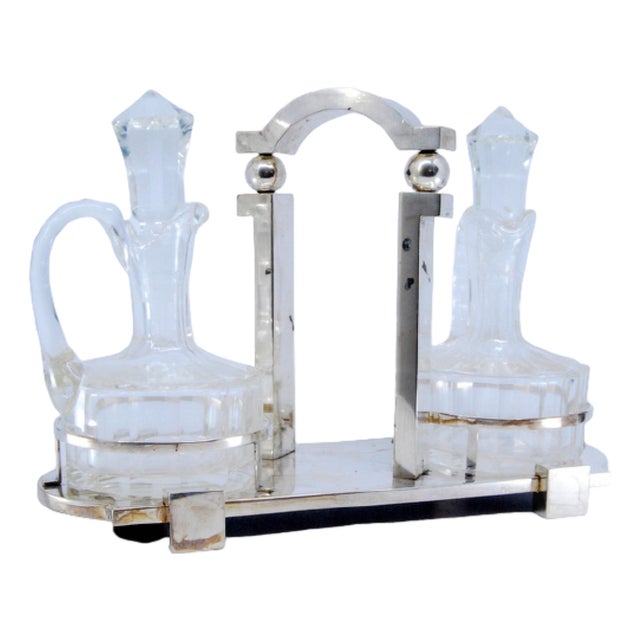 Modernist Silver-Framed and Cut Glass Cruet Set, Set of 3 For Sale