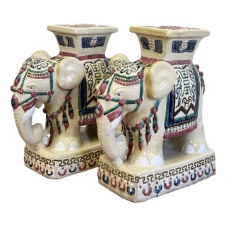 Vintage Ceramic Elephant Motif Garden Stool Pair For Sale