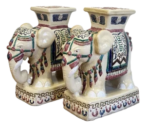 Vintage Ceramic Elephant Motif Garden Stool Pair