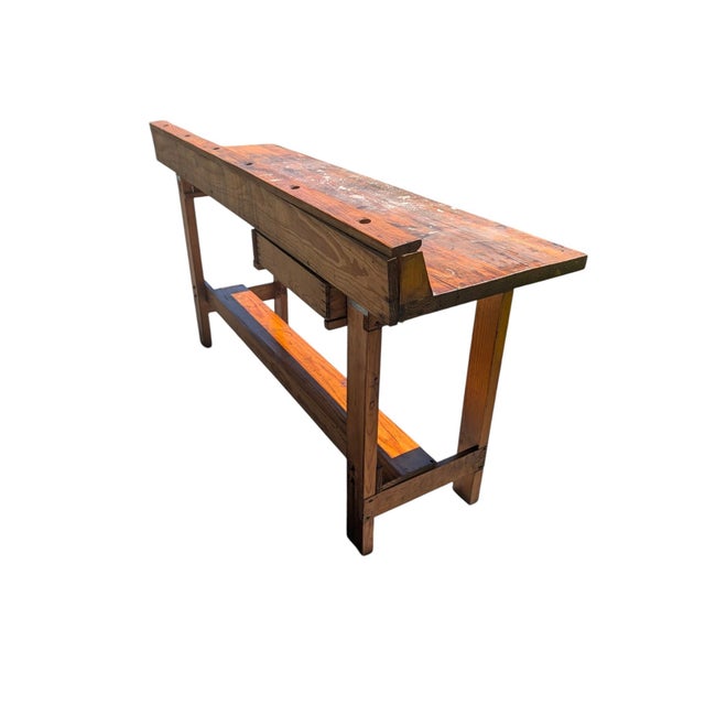 Mid-20th Century Industrial Solid Wood Carpenter's Workbench Console Table For Sale - Image 4 of 18