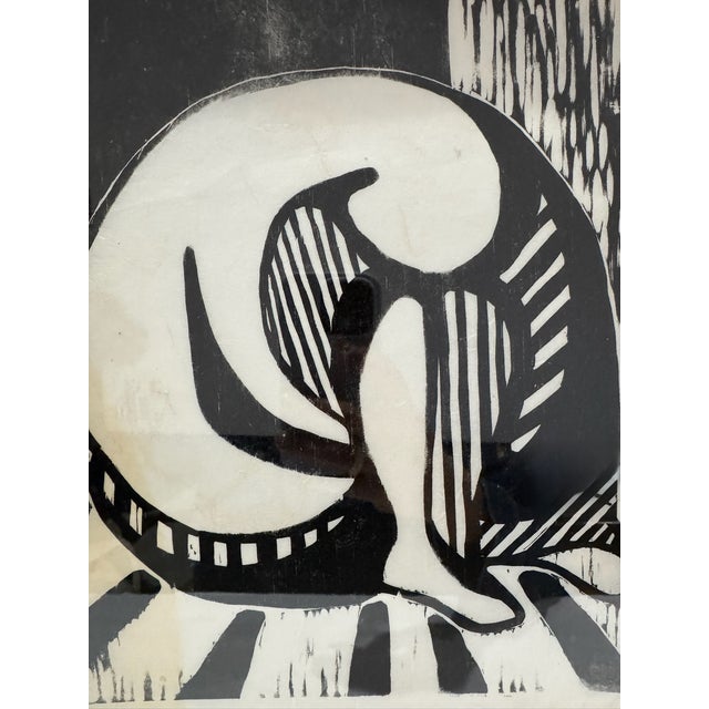 Original woodblock print by Debbie Kosakoff, dated 1972. Bold abstract composition in black and white featuring...