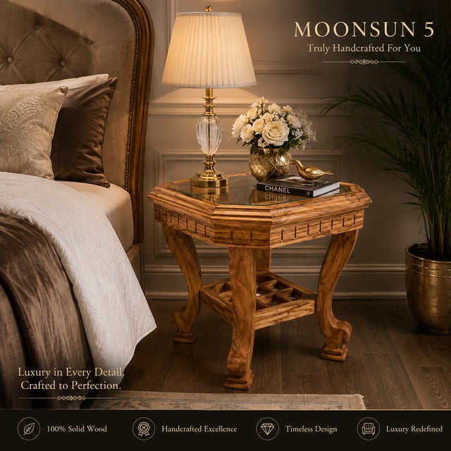 Handmade Wooden Side Table With Glass Top, Carved Wood End Table, Luxury Bedside Table, Vintage Accent Table, Solid Wood Nightstand Decor For Sale - Image 10 of 13