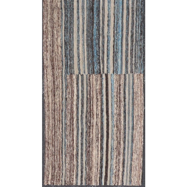Measures: 2'5 x 8'11 Modern Tribal Kilim Runner in Denim Blue, Brown, and Ivory Striped Design. Keivan Woven Arts /...