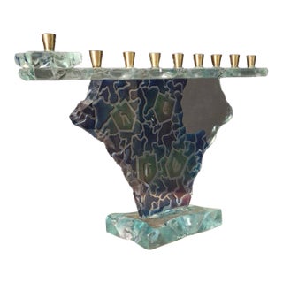 Late 20th Century Signed Uda Yehuda Parmat Studio Art Glass Menorah Iridescent Fused Dreidel For Sale