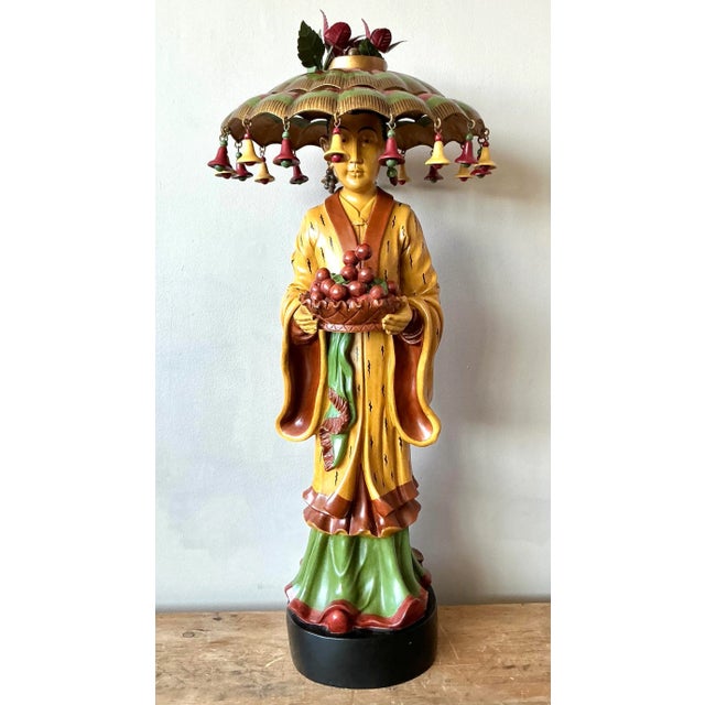 Vintage Asian Carved Asian Figure With Umbrella Hat For Sale - Image 4 of 6