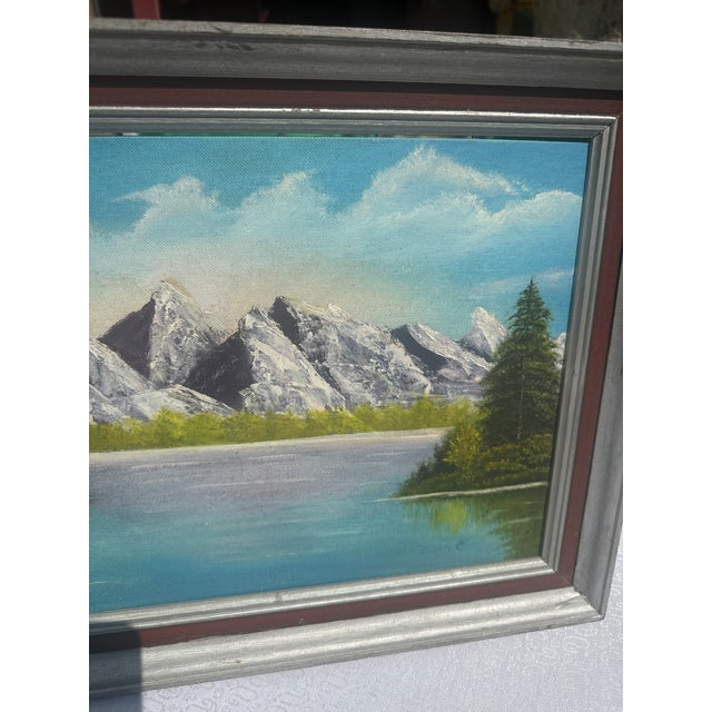 1990s Framed Waterside Mountain Landscape Painting on Canvas, Signed by the Artist For Sale - Image 4 of 8