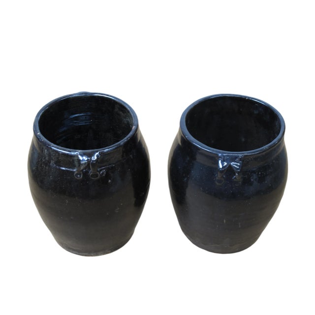 Hand Glazed Black Flower Pot - a Pair For Sale - Image 4 of 4