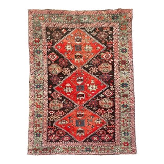 Antique Caucasian Sage Green Border Charcoal Black Field Rug 3.11 x 5.8 For Sale