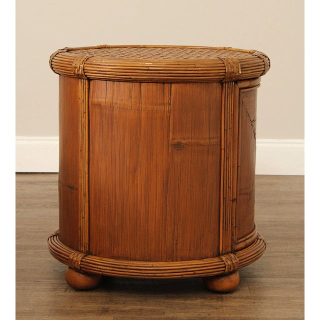 Bamboo and Rattan Circular Glass Top Drum Style Side Table For Sale - Image 10 of 12