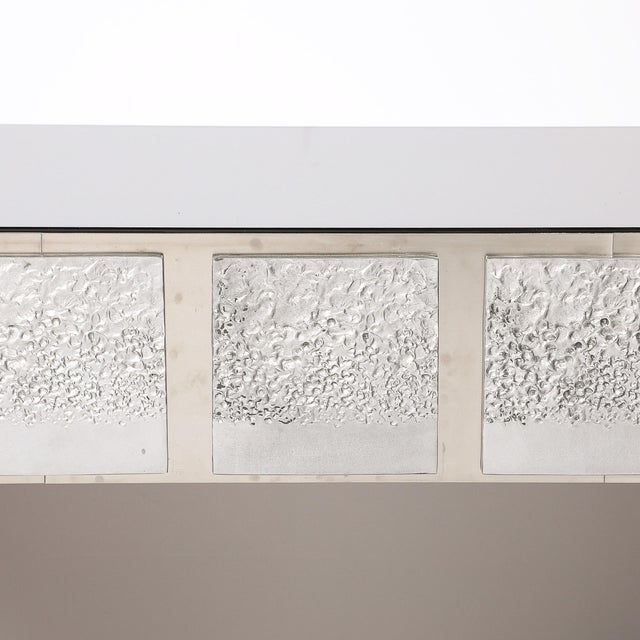 Metal Modernist Mirrored & Polished Steel Console Table W/ Brutalist Tile Motif For Sale - Image 7 of 18