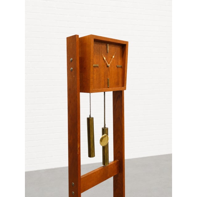 Wood Mid Century Modern Teak + Brass Weight Drive Chiming Floor Clock, C. 1960’s, Denmark For Sale - Image 7 of 12