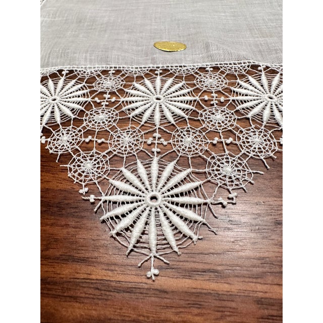 Mid 20th Century Vintage Austrian Heirloom Lace Bridal Hanky Wedding Linen Cotton Handkerchiefs Made in Austria -a Pair For Sale - Image 5 of 12