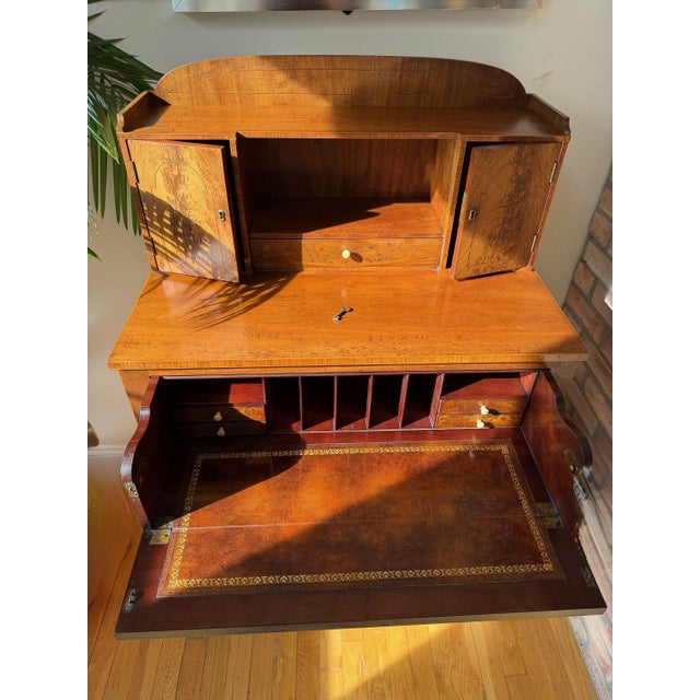 Brown Antique Tennenbaum Flame Mahogany Secretary Desk with Leather Fall Front and Custom Bouclé Chair For Sale - Image 8 of 18