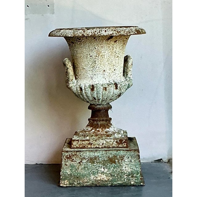 Mid 20th Century Vintage Regency Distressed Wrought Iron Urn For Sale - Image 5 of 7