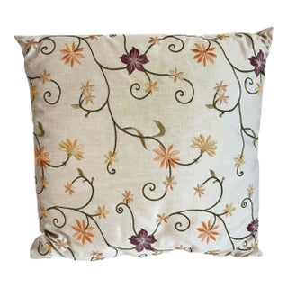 Brown and Beige Floral Embroidered Cushion, Hand-Crafted Fabric, India For Sale