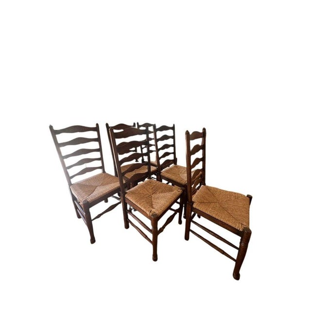 Vintage Ladderback Side Dining Chairs With Rush Seats - Set of 6 For Sale - Image 4 of 17